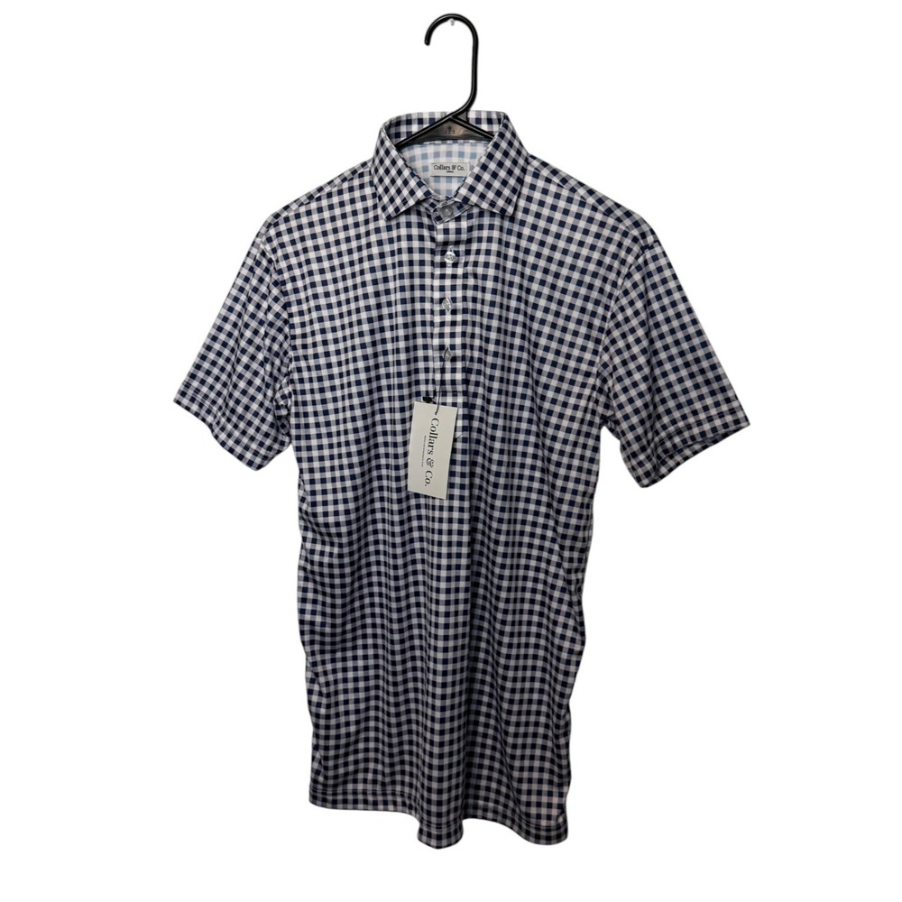 Collars & Co Dress Collar Polo Shirt Mens Small Navy Gingham Check Short Sleeve